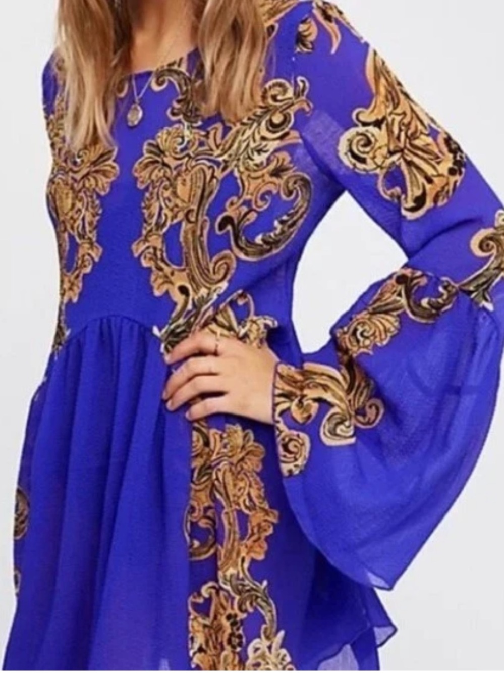 Free People Royal Blue & Gold Baroque Bell-Sleeve Dress